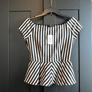 Forever 21 knit top/off shoulder, beige/black stripes, size medium